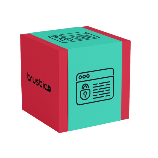 A red and teal cube with a web browser icon, padlock, and "trustic" lock symbol represents online security with Sectigo CA PositiveSSL DV + Wildcard SSL Certificate for subdomain protection and HTTPS reassurance.