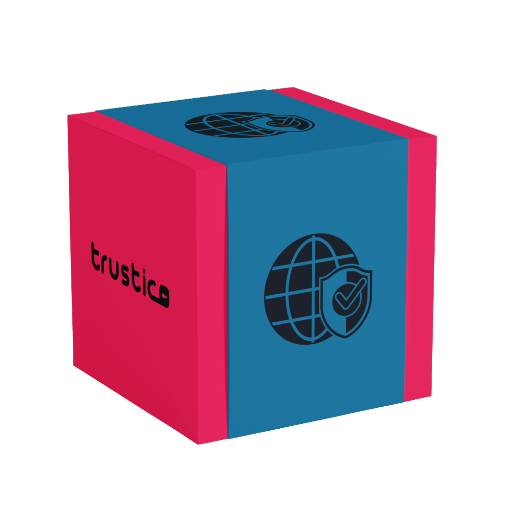 A cube with blue and pink sides. One blue side shows a globe with a shield and checkmark icon, and another side features the word trustica in black letters.