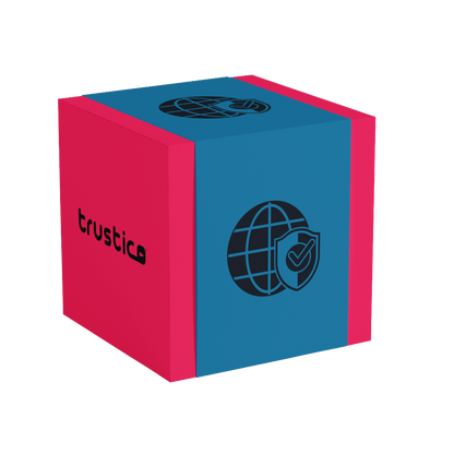 A cube with blue and pink sides. One blue side shows a globe with a shield and checkmark icon, and another side features the word trustica in black letters.